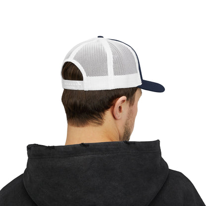 Red and white distressed emblem trucker cap with snapback closure, featuring printed logo, by Printify.