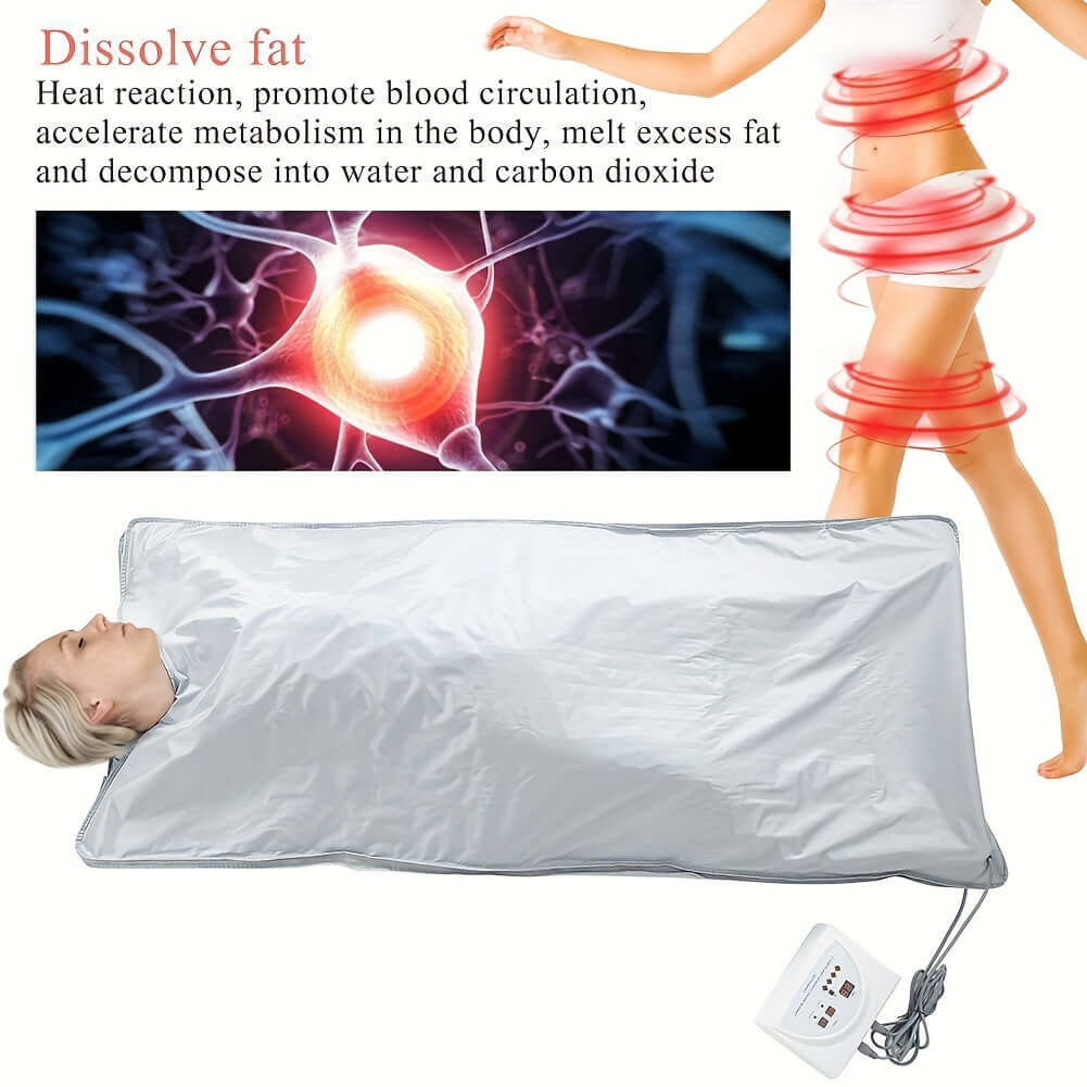 Far infrared sauna blanket for detox promoting fat dissolution and improved metabolism, shown with a user.