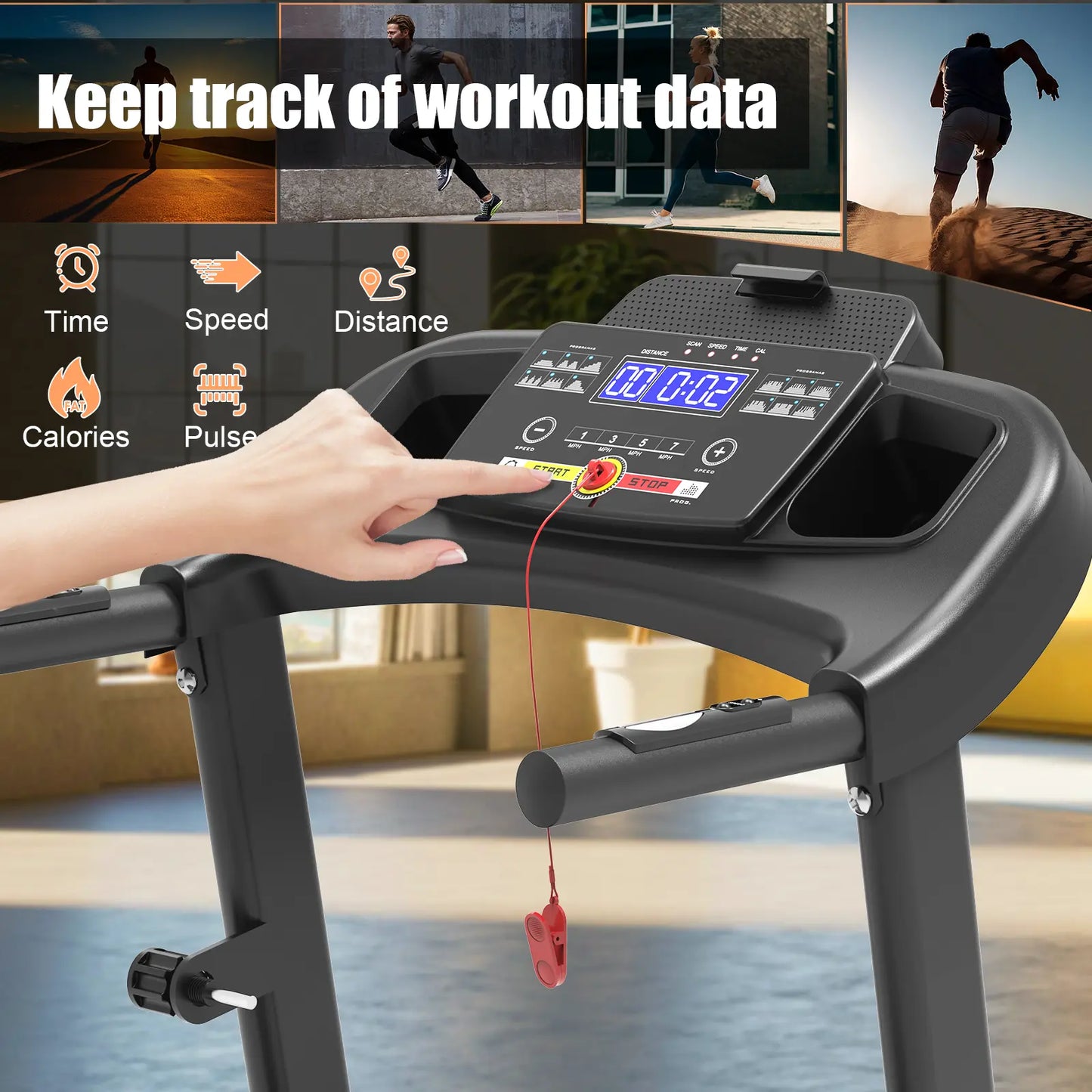 Fitness Essentials GORUN 8.5MPH folding treadmill with incline, shock-absorbing belt, Bluetooth, compact for small indoor home gyms.