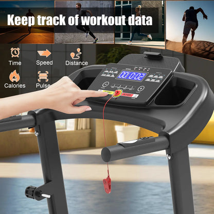 Fitness Essentials GORUN 8.5MPH folding treadmill with incline, shock-absorbing belt, Bluetooth, compact for small indoor home gyms.