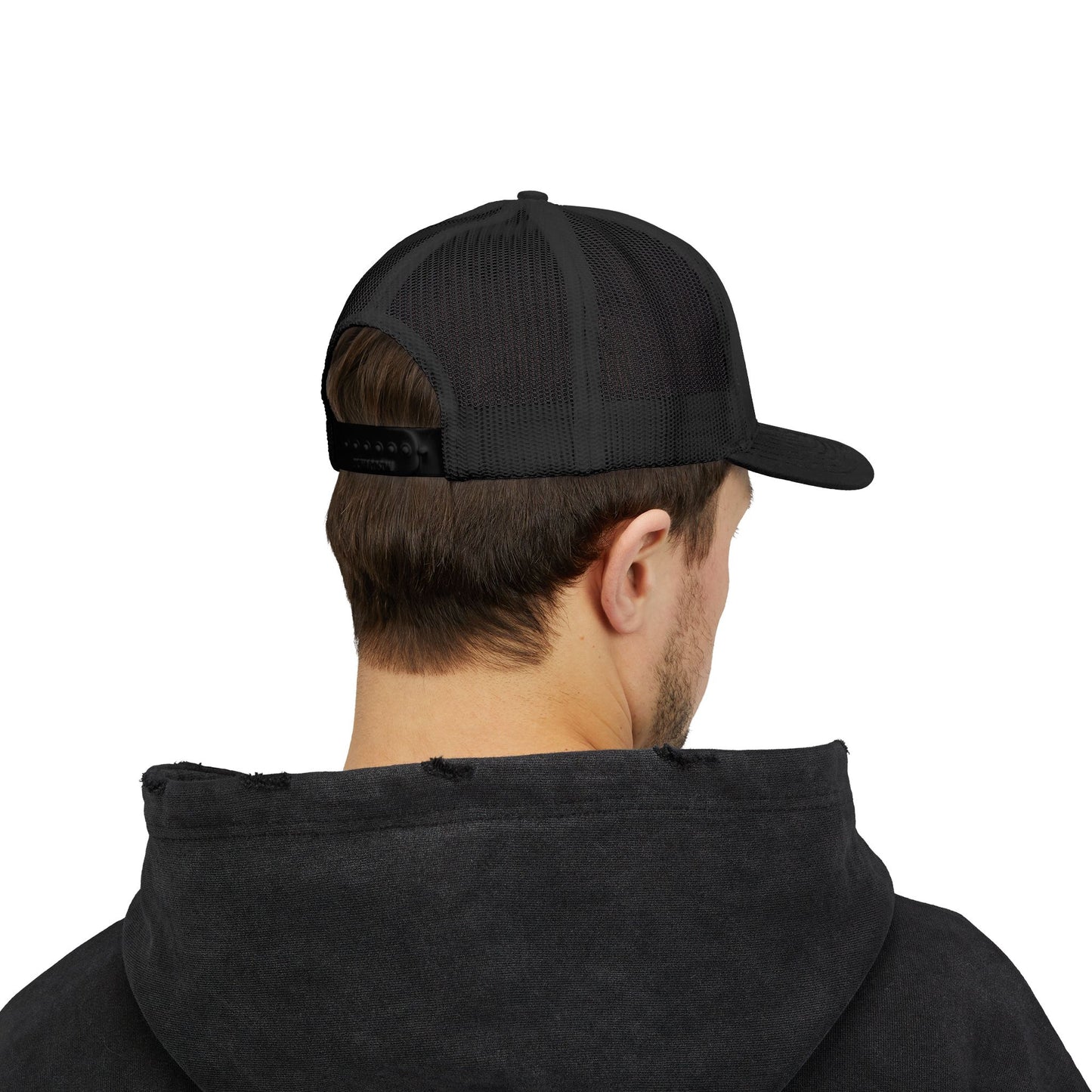 Red and white distressed emblem trucker cap with snapback closure, featuring a bold logo design, by Printify.