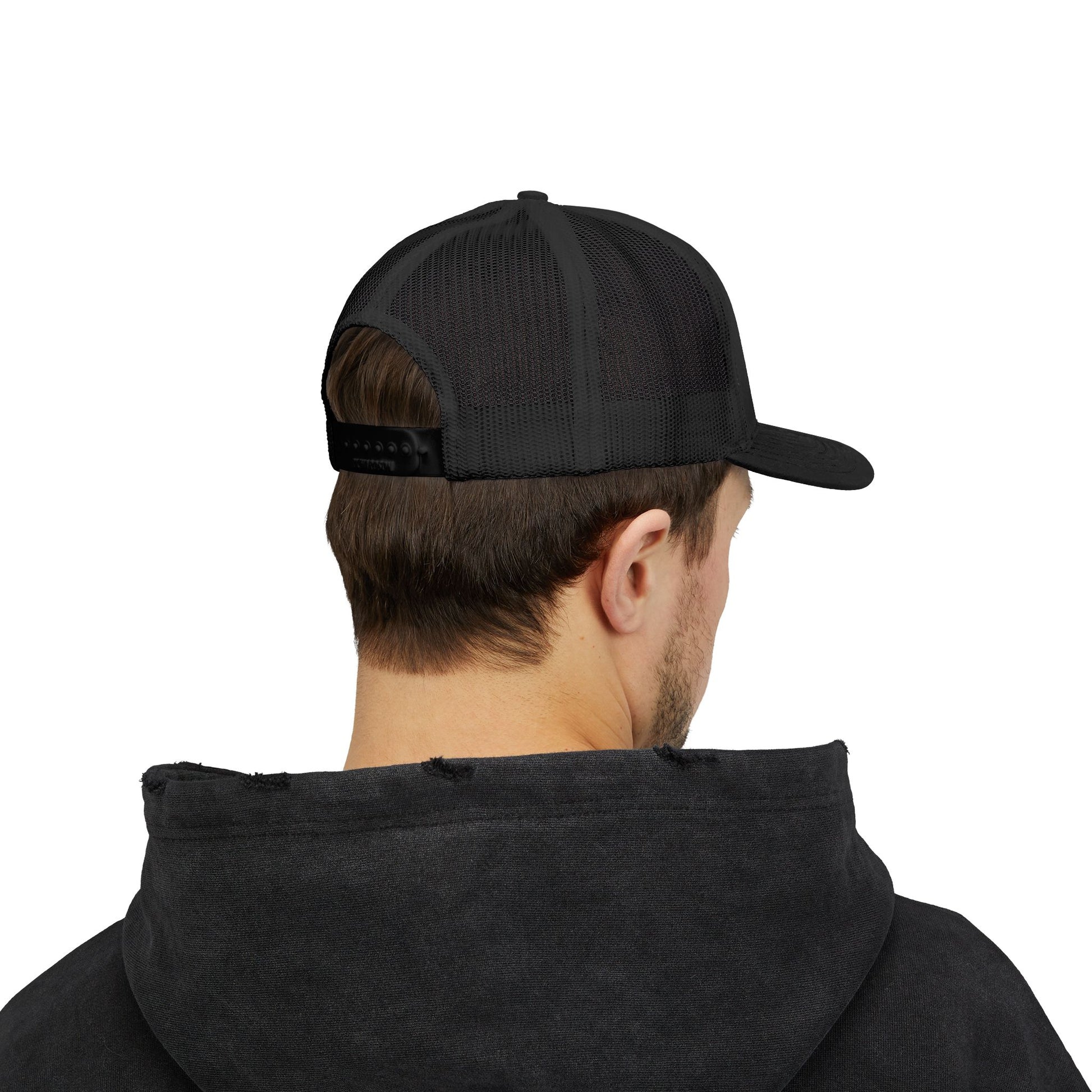 Red and white distressed emblem trucker cap with snapback closure, featuring a bold logo design, by Printify.