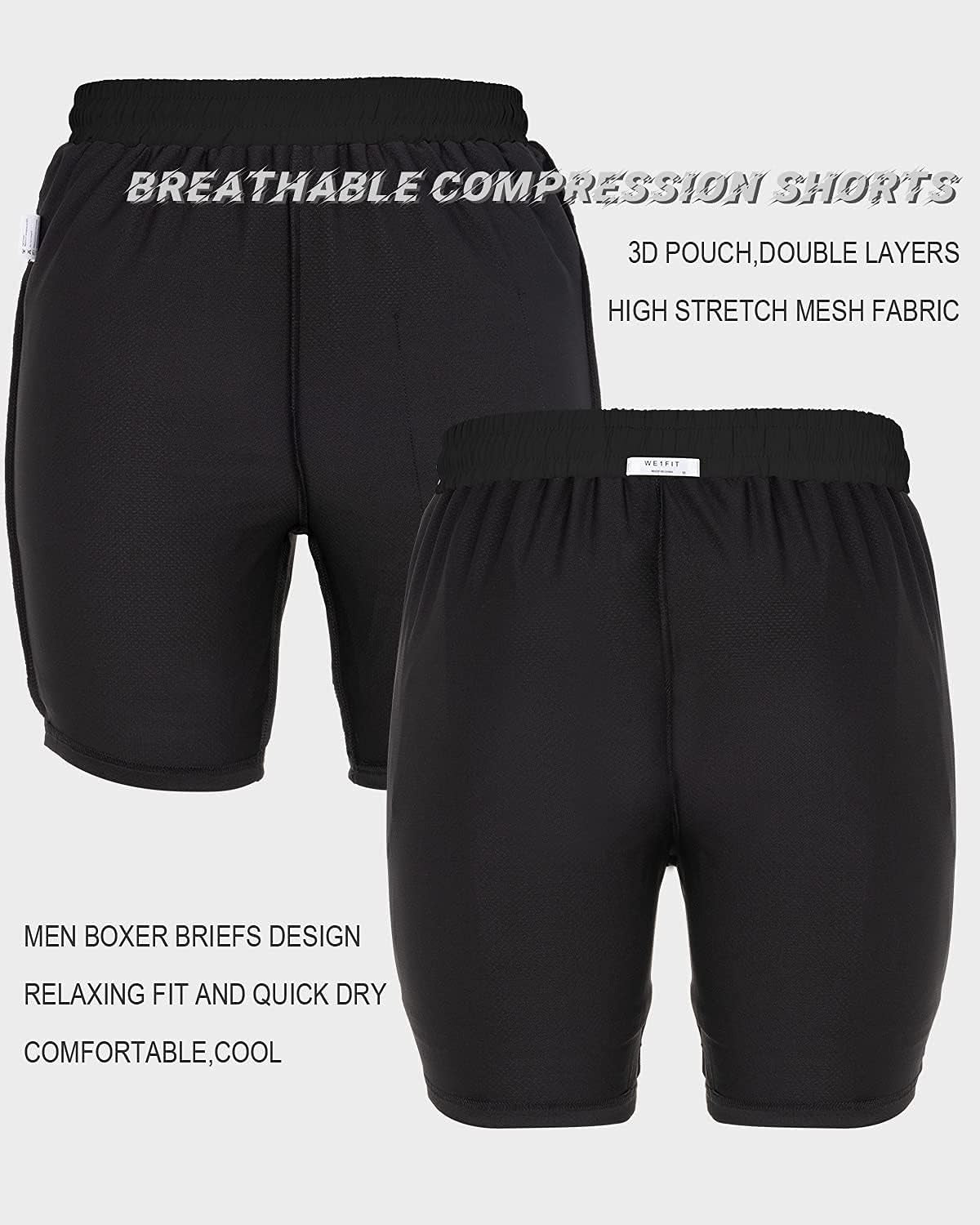 We1Fit men's 2-in-1 running shorts with quick-dry fabric, phone pockets, and a 5-inch inseam, black athletic gym workout shorts.