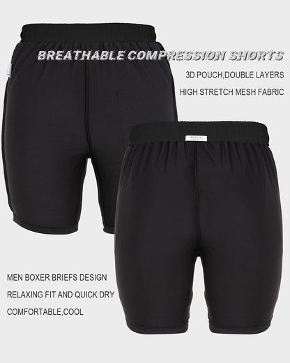 We1Fit men's 2-in-1 running shorts with quick-dry fabric, phone pockets, and a 5-inch inseam, black athletic gym workout shorts.