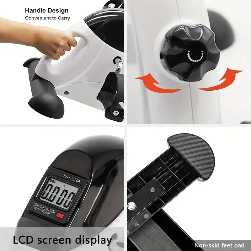 Compact design features of mini pedal exercise machine for home fitness, including LCD screen, non-skid feet, and ergonomic handle.