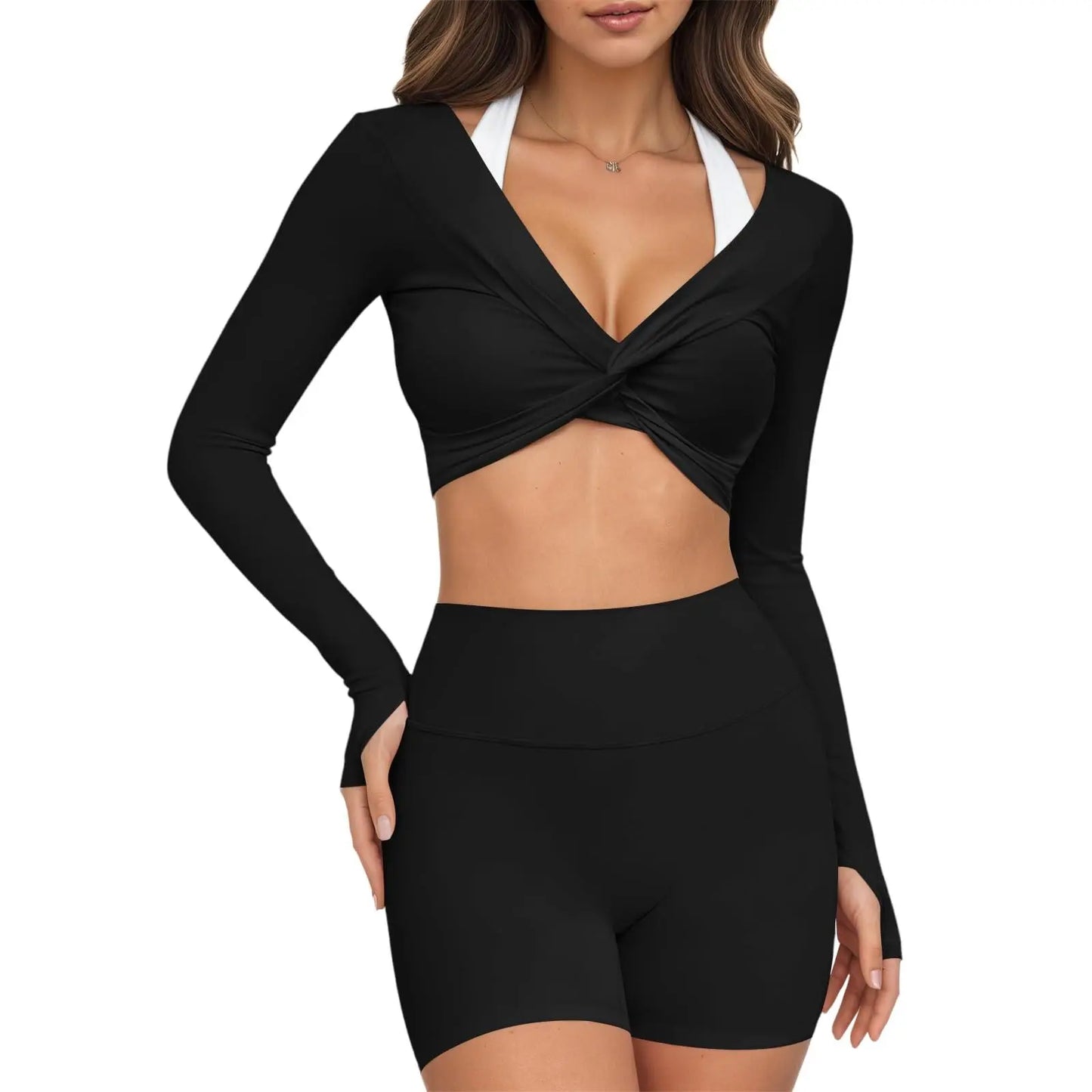 Yousify Womens Long Sleeve Workout Crop Tops Twist Deep V Neck Y2K Yoga Pilates Ballet T Shirt Top with Thumb Holes Active Tops Athletic Wear