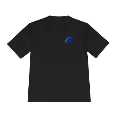 Black Sport-Tek® PosiCharge competitor tee with blue logo, moisture-wicking and lightweight design for athletes.