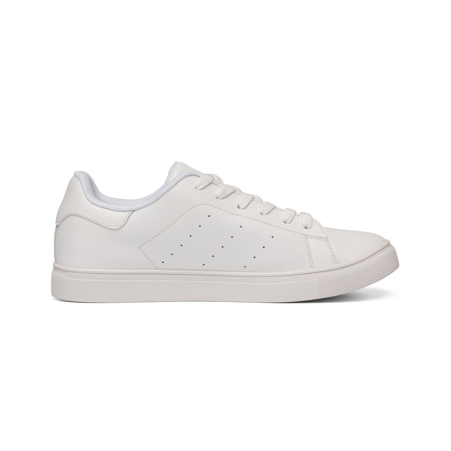 Men's low-top leather sneakers by Printify featuring black leather uppers and white rubber soles.