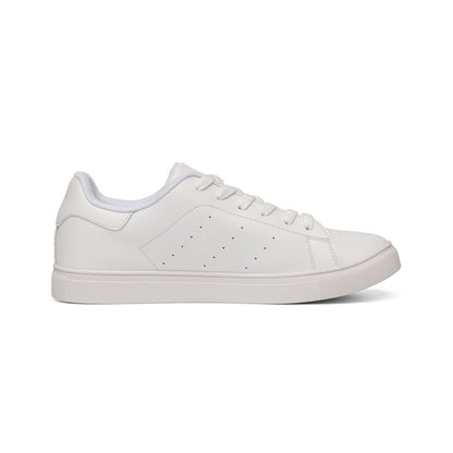 Men's low-top leather sneakers by Printify featuring black leather uppers and white rubber soles.