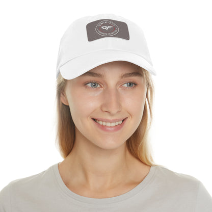 Qwik-Fit Leather Patch Dad Hat by Printify featuring a classic baseball cap design with a leather patch detail.