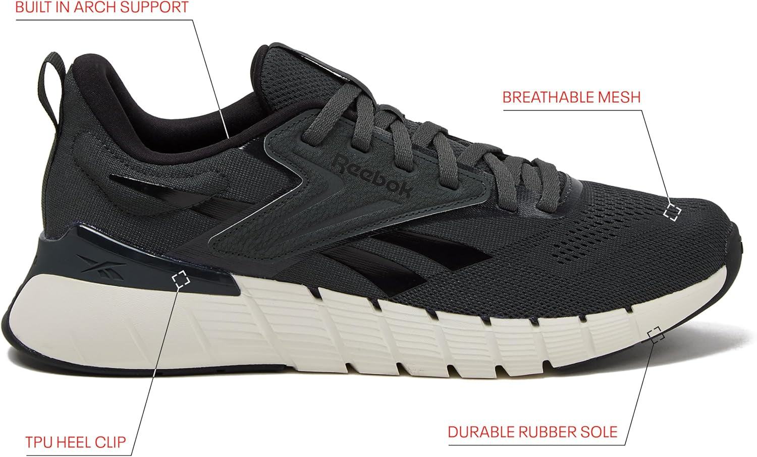 Reebok Nano Gym 1.0 athletic men's workout shoes with black and gray design, breathable mesh upper and supportive sole.