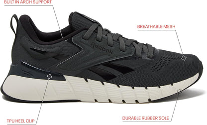 Reebok Nano Gym 1.0 athletic men's workout shoes with black and gray design, breathable mesh upper and supportive sole.