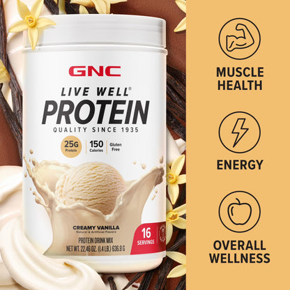 Live Well Protein Powder, 25G Whey Protein, Creamy Vanilla, Gluten Free, No Sugar Added, 16 Servings