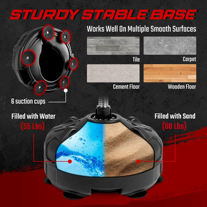 Sturdy stable base of adjustable pedestal punching bag with 6 suction cups for stability on various surfaces.