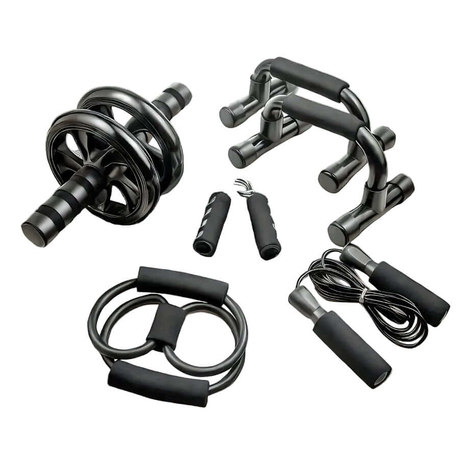 7-Piece Home Gym Fitness Equipment Set including jump rope, hand grips, push-up bars, and ab wheel.