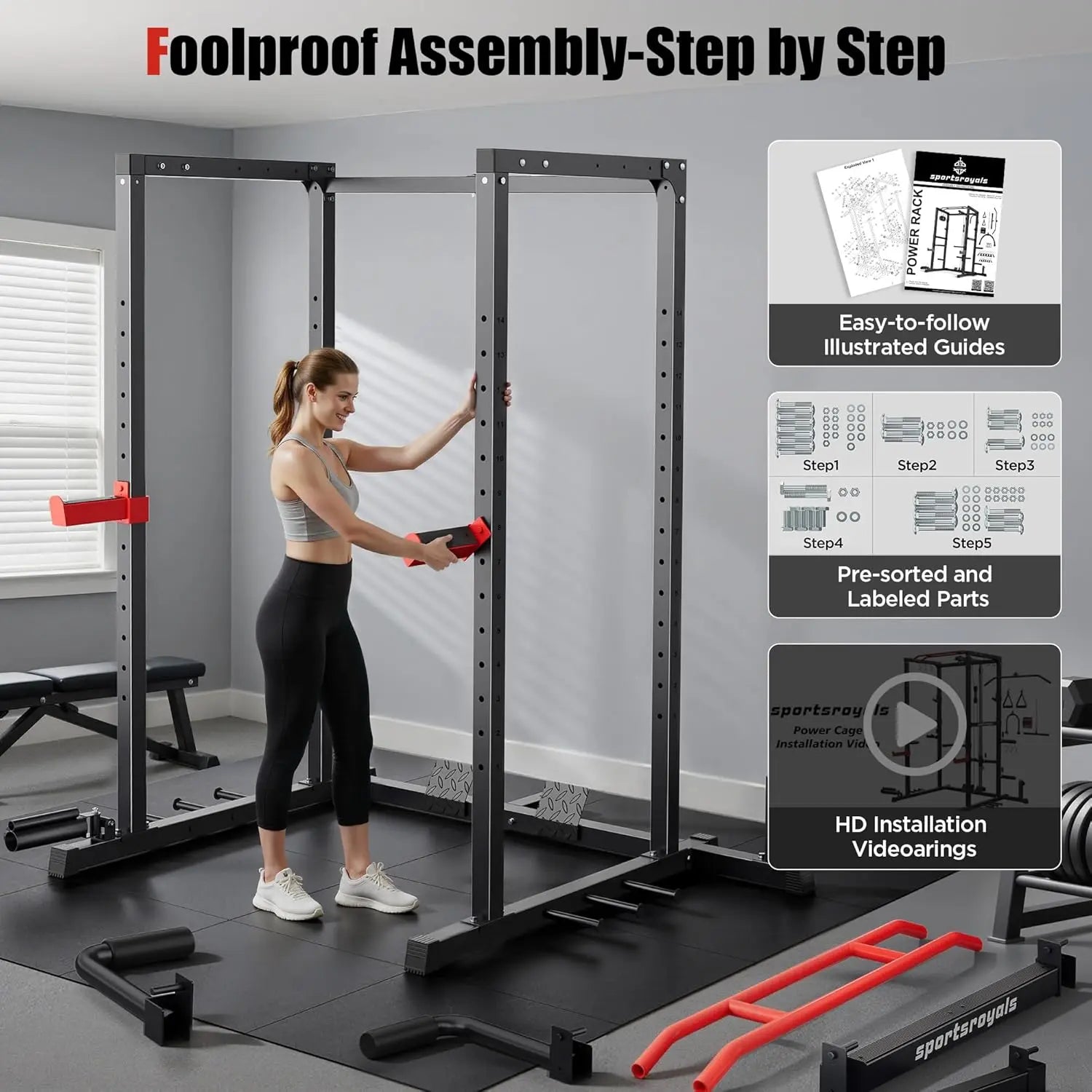 Fitness Essentials FED FITNESS Power Rack with pulley system, squat cage, J hooks, and lat pulldown for home gym workouts