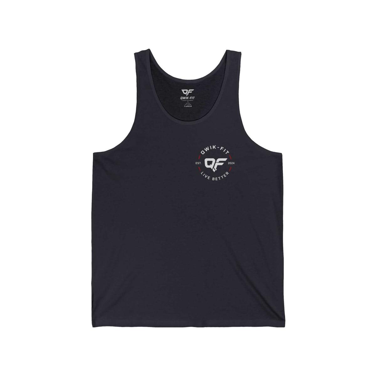 Minimalist white tank top with clean pocket logo in dark grey for casual summer wear and athletic styling.