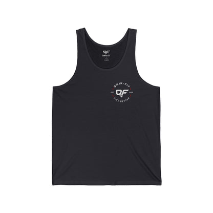 White minimalist tank top with a small pocket logo, casual summer vest by Printify, shown on a plain background.