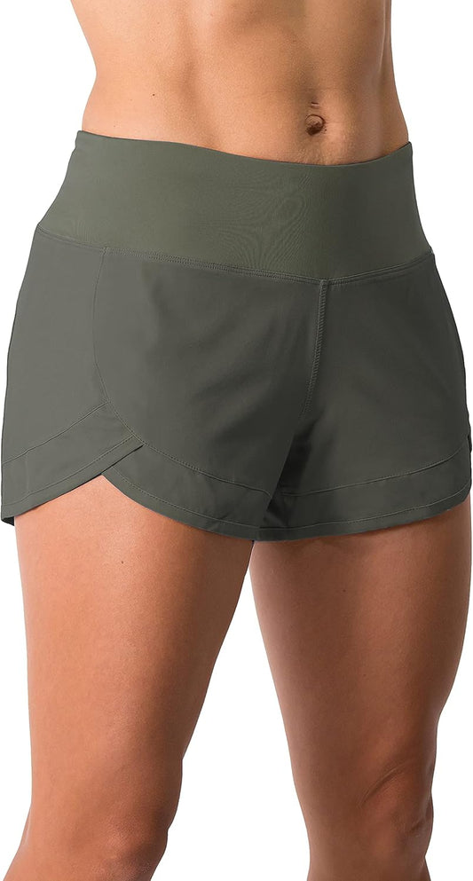 Tough Mode women's 3-inch lightweight running and volleyball shorts with mesh liner, zip pocket, ideal for workout and active wear.