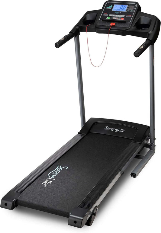 SereneLife folding treadmill with electric motor, compact design, and control panel for home or office jogging sessions.