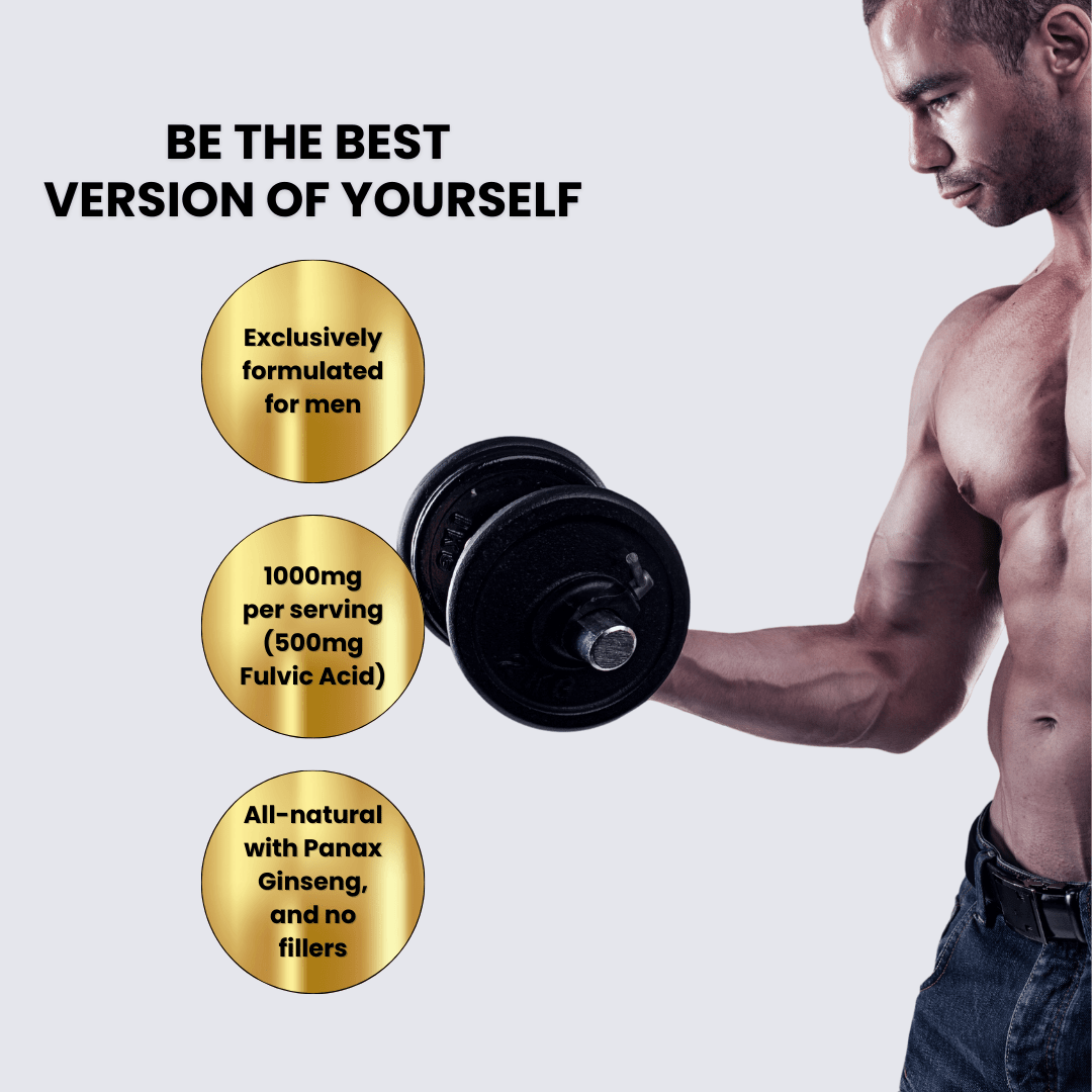 Men's Shilajit dietary supplement information with fitness focus, highlighting natural ingredients and benefits.