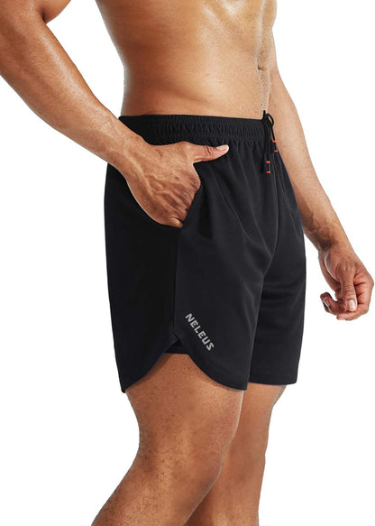 NELEUS men's 2-in-1 running shorts with liner, dry fit fabric, side pockets, designed for workout and active running.