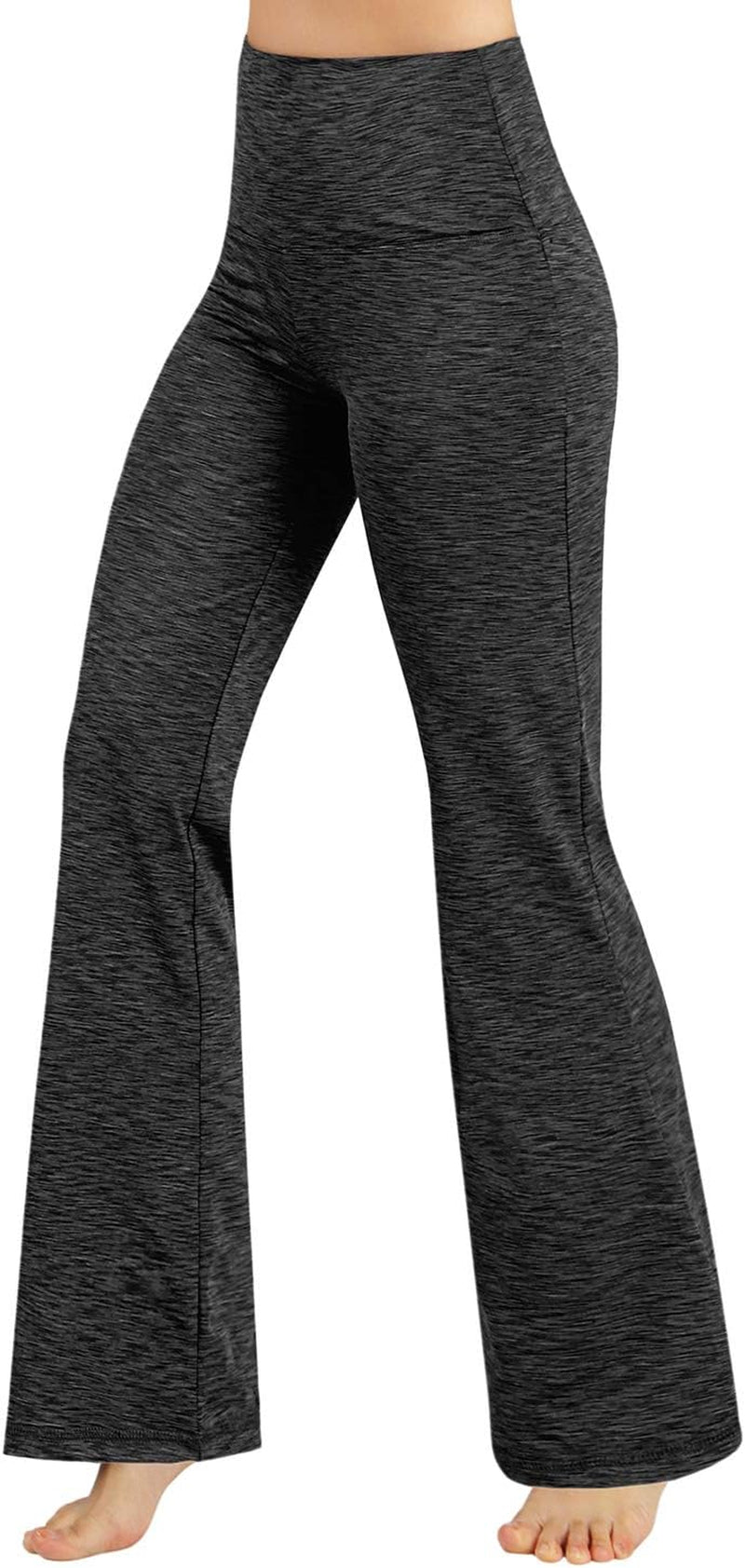 ODODOS women's high-waisted bootcut yoga pants in charcoal with tummy control, inner pocket, seamless design, and 31-inch inseam.