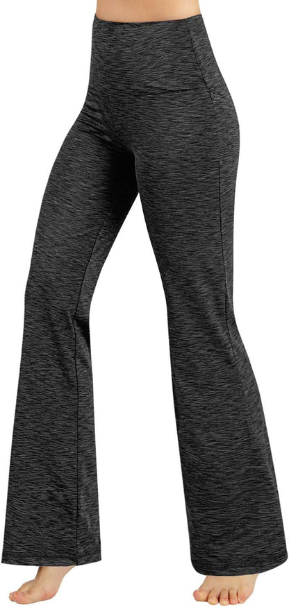 ODODOS women's high-waisted bootcut yoga pants in charcoal with tummy control, inner pocket, seamless design, and 31-inch inseam.