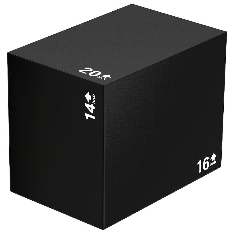 3-in-1 PVC jump box with adjustable height markings at 14, 16, and 20 inches for versatile workouts.