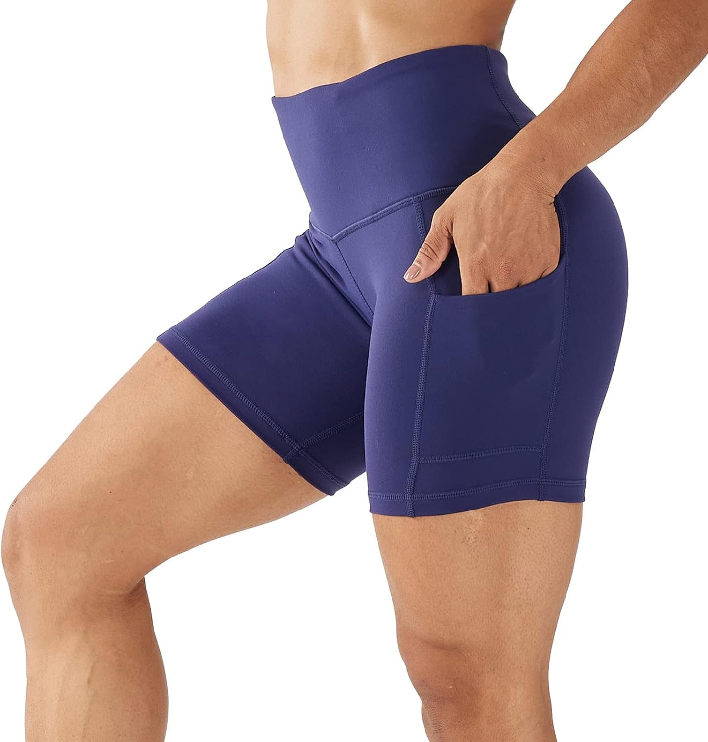 Lovesoft women's 5-inch high waist biker shorts with side pockets, ideal for yoga, running, and gym workouts in compression spandex.