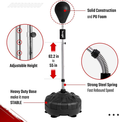 Adjustable pedestal punching bag with heavy duty base, PU foam construction, and adjustable height from 55 to 62.2 inches.