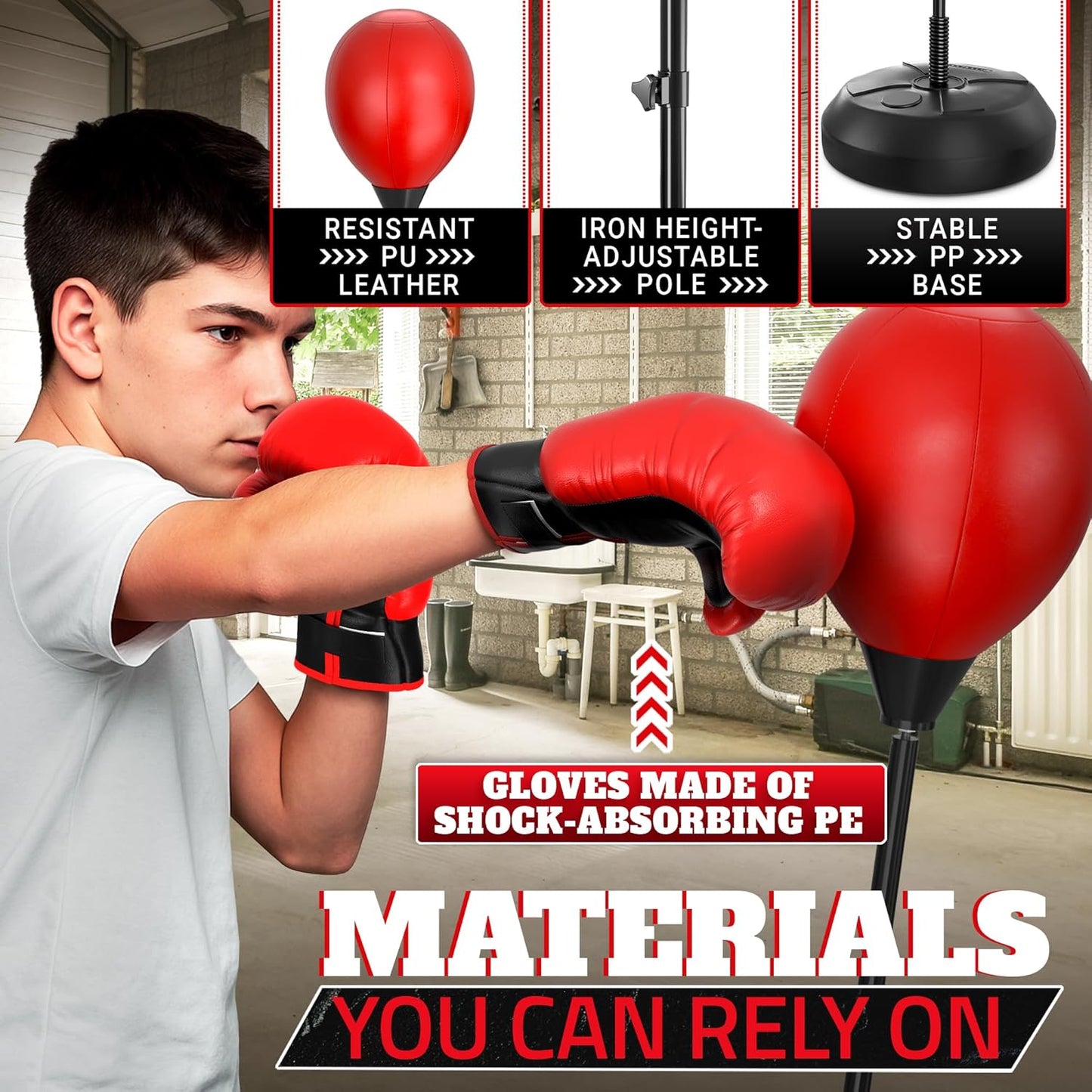 Adjustable youth punching bag with stand for training, showcasing gloves and durable materials.