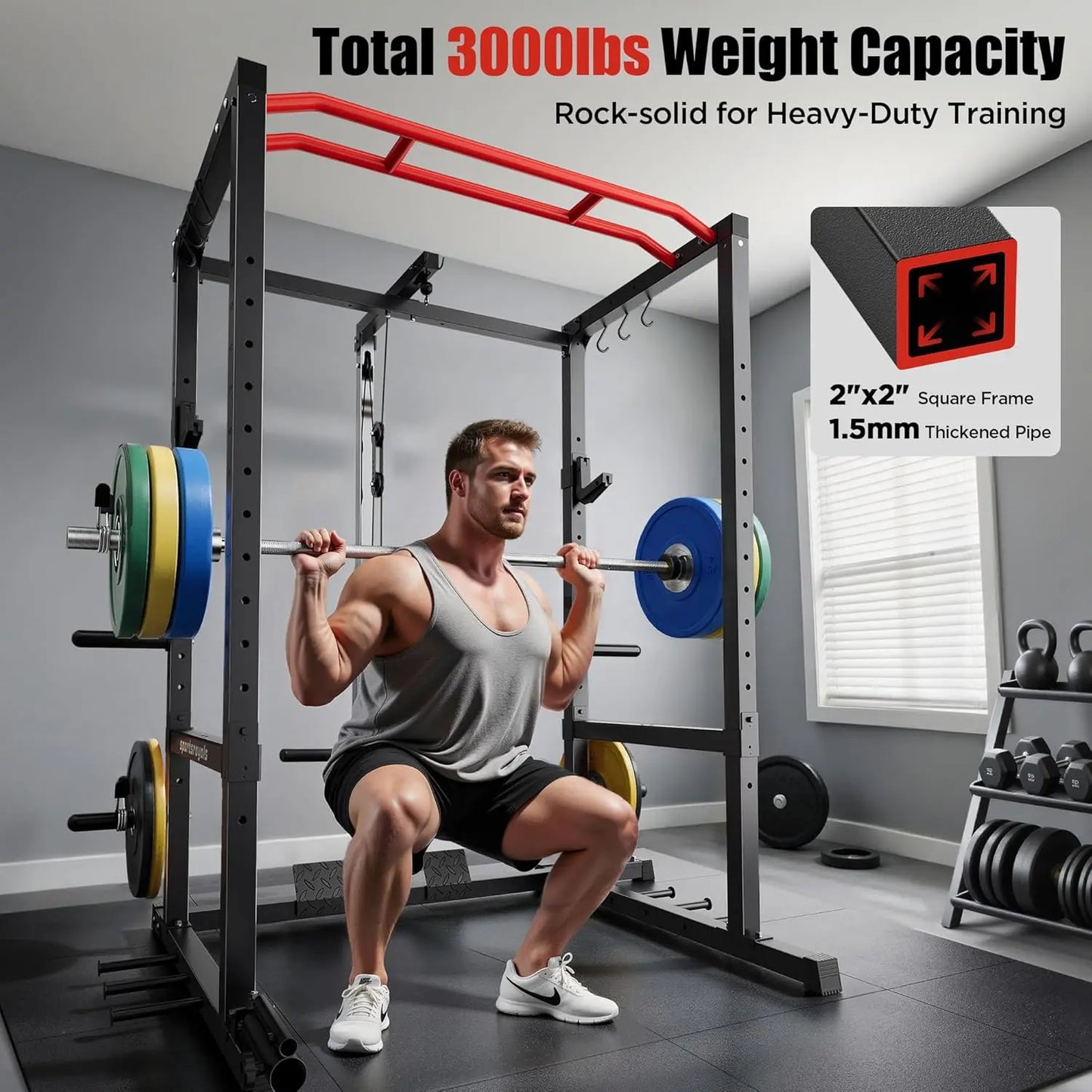 Fitness Essentials FED FITNESS Power Rack with pulley system, squat rack, LAT pull-down, J-hooks, in red or blue for home gym workouts.