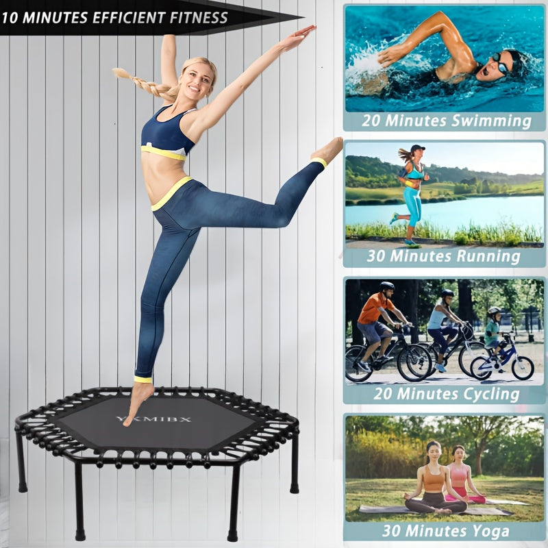 Image of a woman joyfully exercising on a hexagonal fitness trampoline for quiet bounce fitness trampoline.