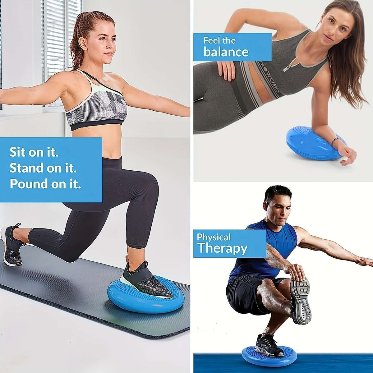 Woman exercising on inflatable balance boards for core strength training during home workout.