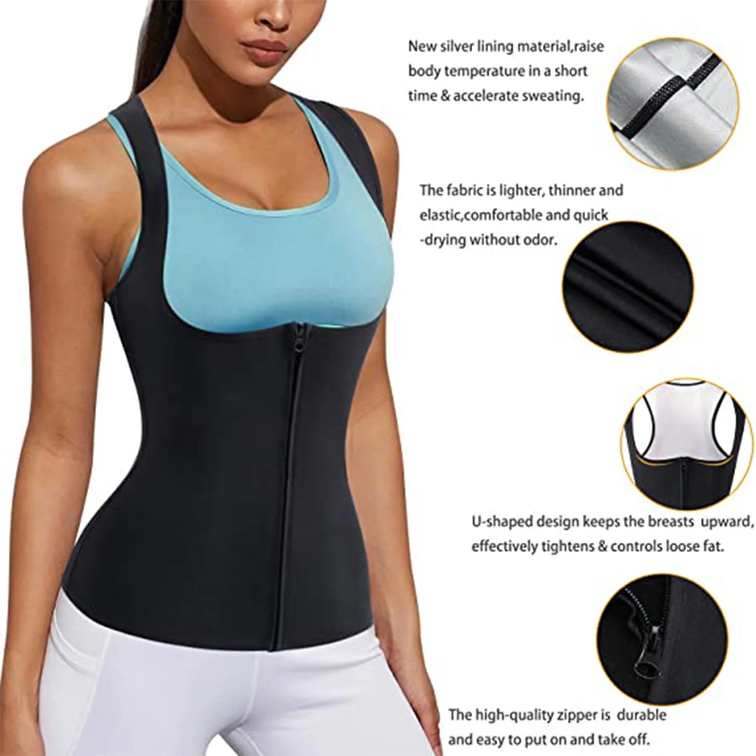 Women's sauna shaper vest showcasing a stylish design with zipper, perfect for enhancing workouts and promoting sweating.