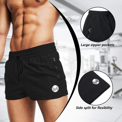 Men's black gym workout shorts by MICOZIFY, 3-inch bodybuilding running shorts with zipper pockets, ideal for fitness and training.