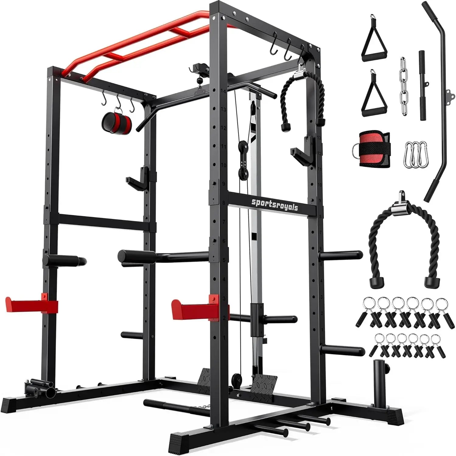 Fitness Essentials Power Rack with pull-down pulley, J hooks, and squat cage for home gym, available in red or blue.