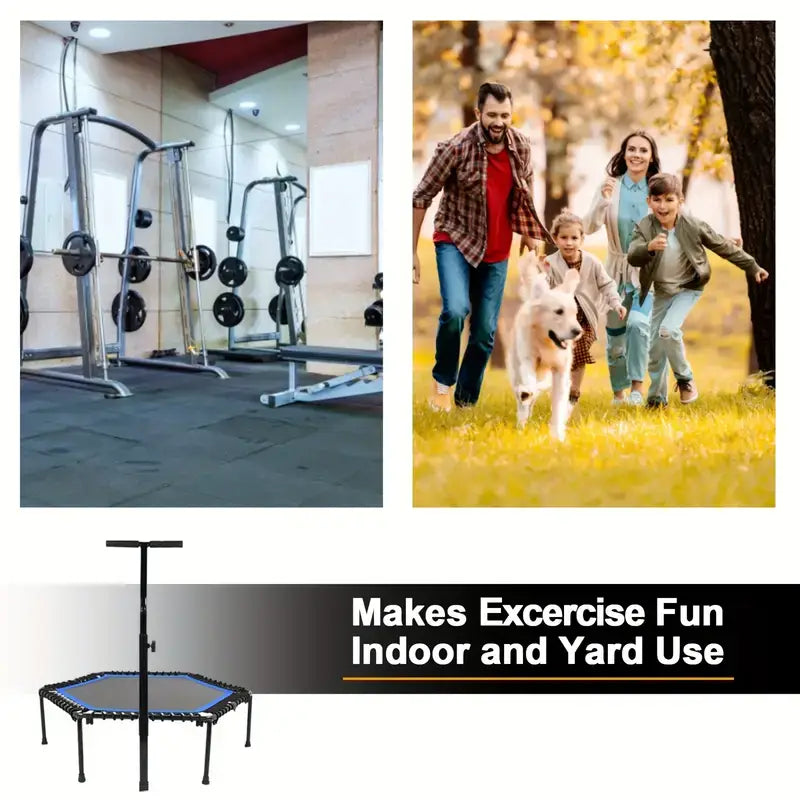 Adjustable handle bar mini trampoline for fun workouts indoors or outdoors, featuring a sturdy design for all fitness levels.