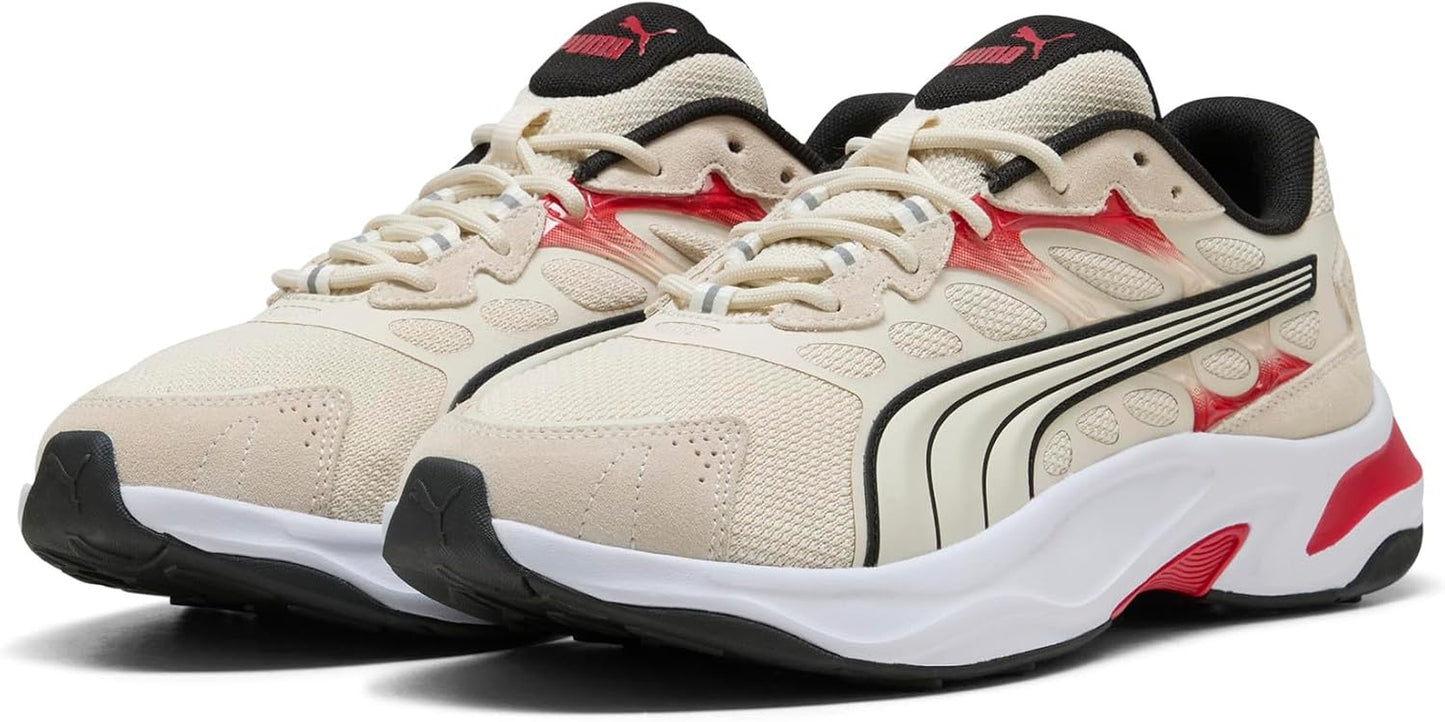 PUMA men's Insphere running shoes in black and white with cushioned soles and breathable mesh upper.