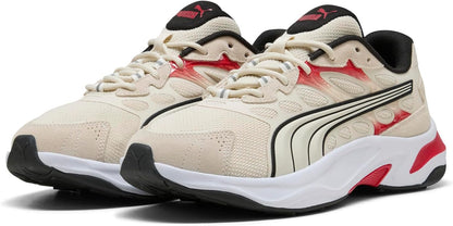 PUMA men's Insphere running shoes in black and white with cushioned soles and breathable mesh upper.