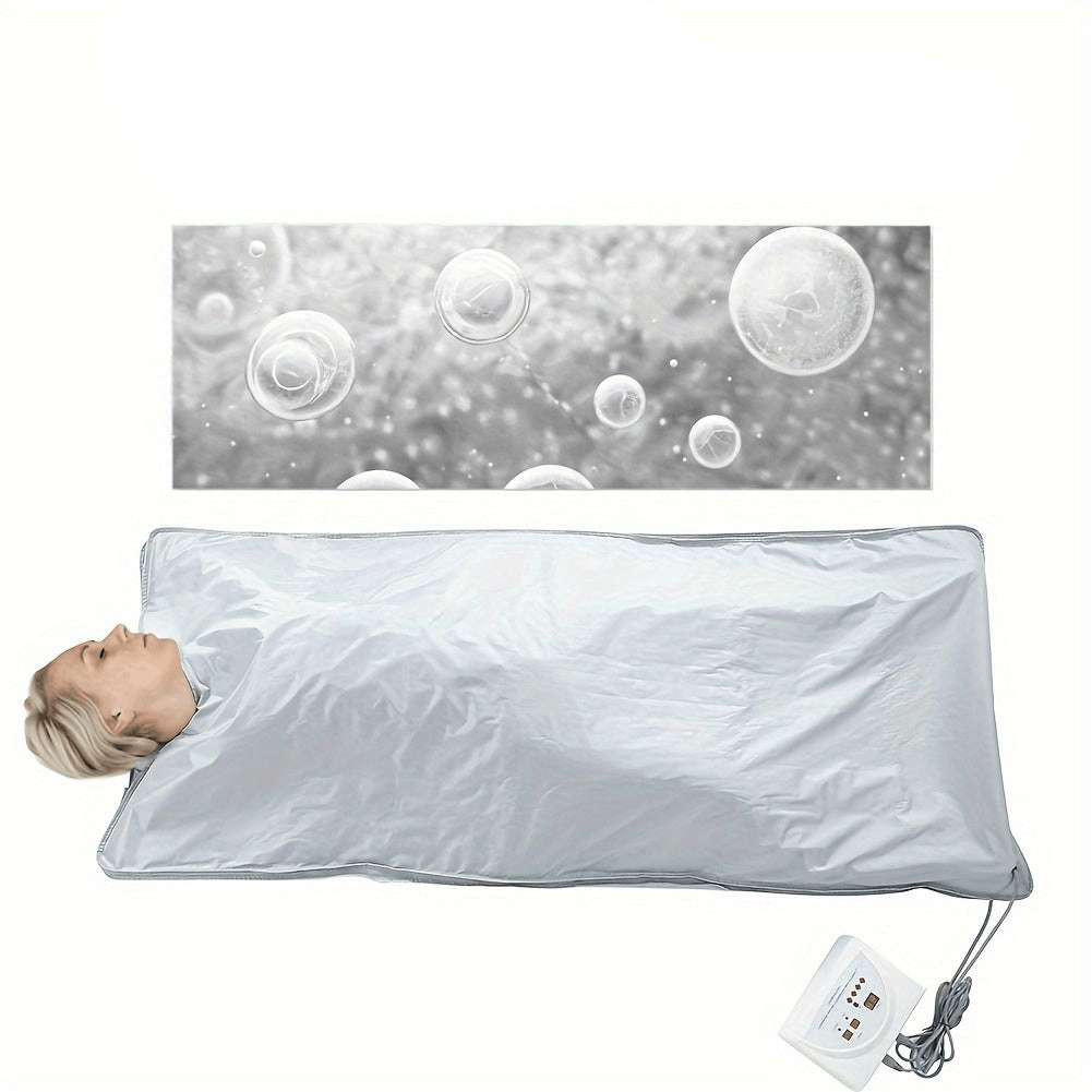 Far Infrared Sauna Blanket for Detox shown with user, designed for slimming and detoxification benefits.