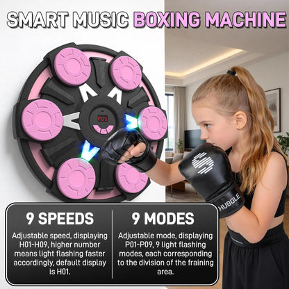 Music Boxing Machine for Kids & Adults by Fitness Essentials, wall-mounted with lighting, gloves, and 9-speed Bluetooth boxing game.