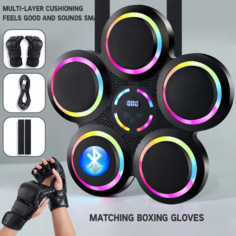 9-Speed Smart Boxing Machine with Wireless Music features colorful targets, Bluetooth connectivity, and matching boxing gloves.
