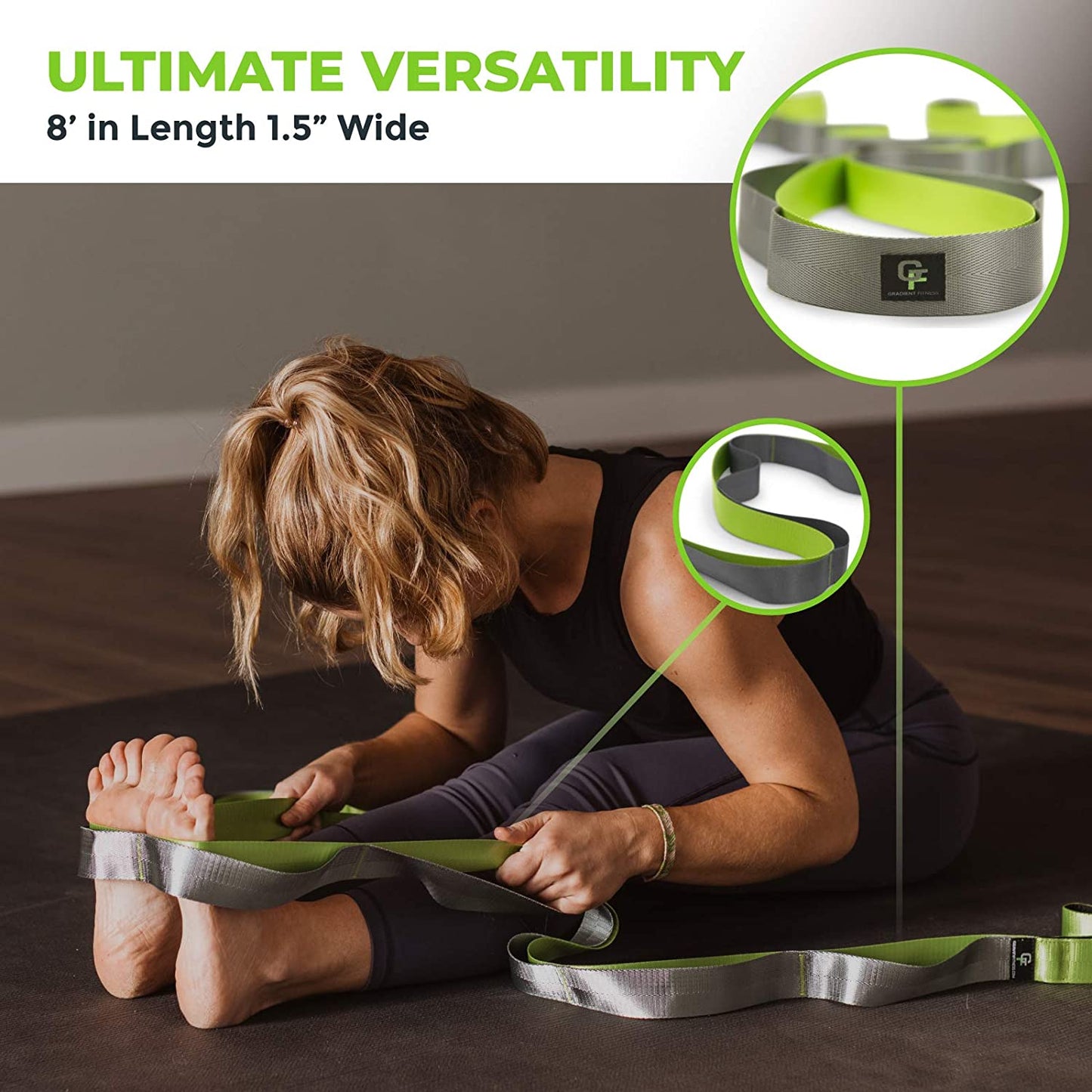Gradient Fitness 12-loop stretching strap with neoprene handles, used for physical therapy, yoga, and leg stretching exercises.