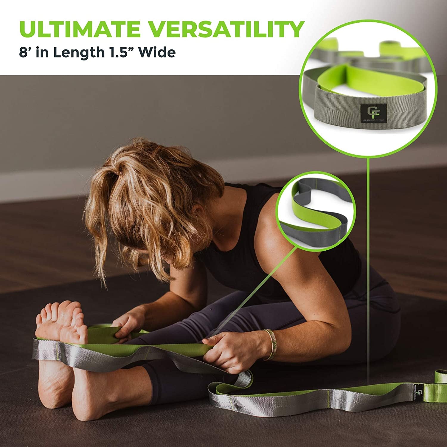 Gradient Fitness 12-loop stretching strap with neoprene handles, used for physical therapy, yoga, and leg stretching exercises.