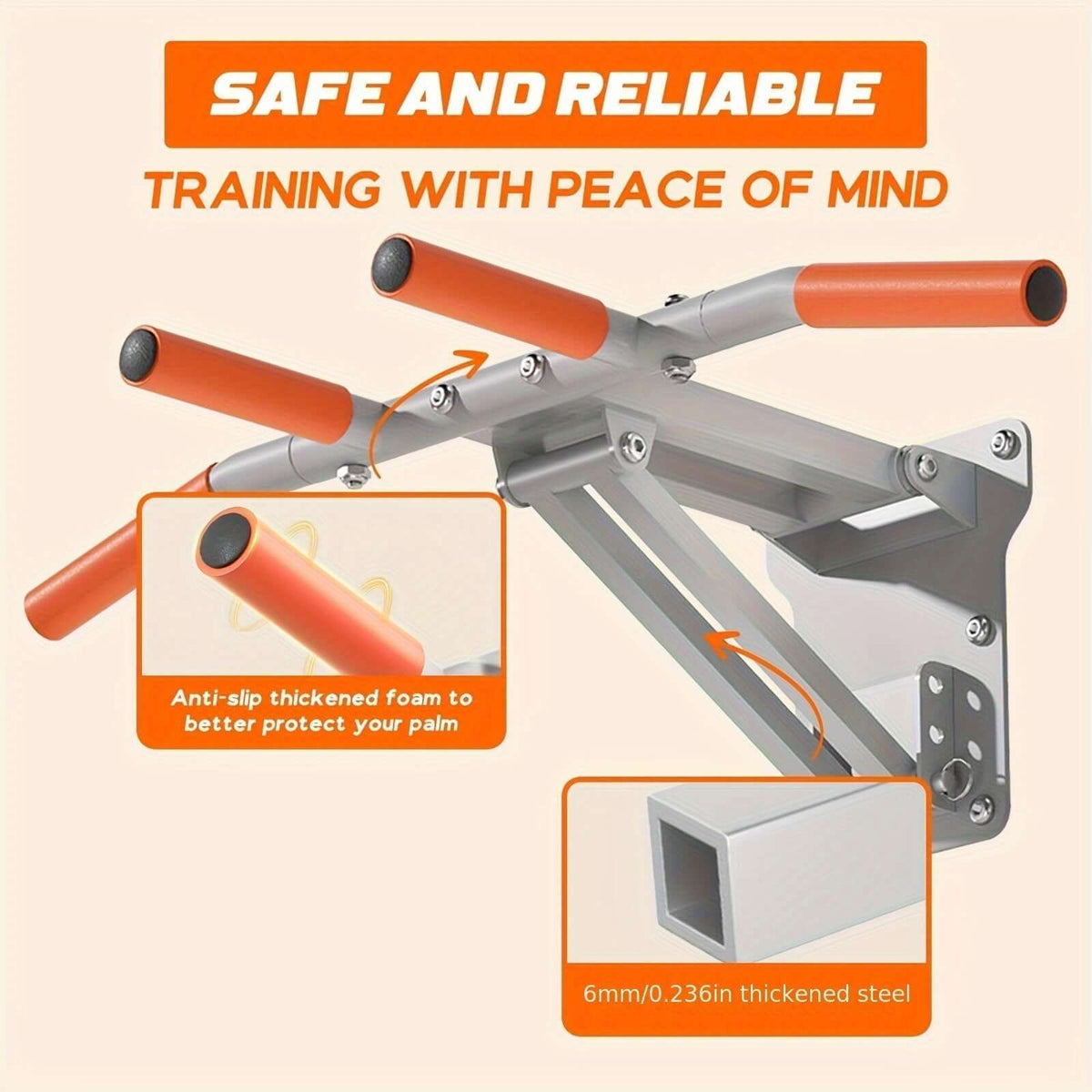 Wall mount pull-up bar with anti-slip foam grips for safe and reliable training.