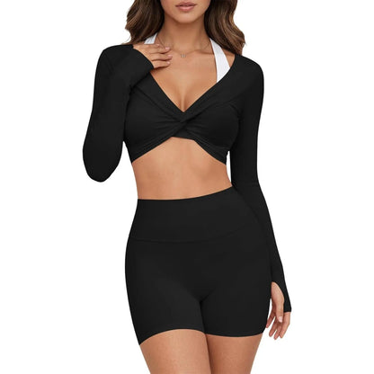 Yousify Womens Long Sleeve Workout Crop Tops Twist Deep V Neck Y2K Yoga Pilates Ballet T Shirt Top with Thumb Holes Active Tops Athletic Wear