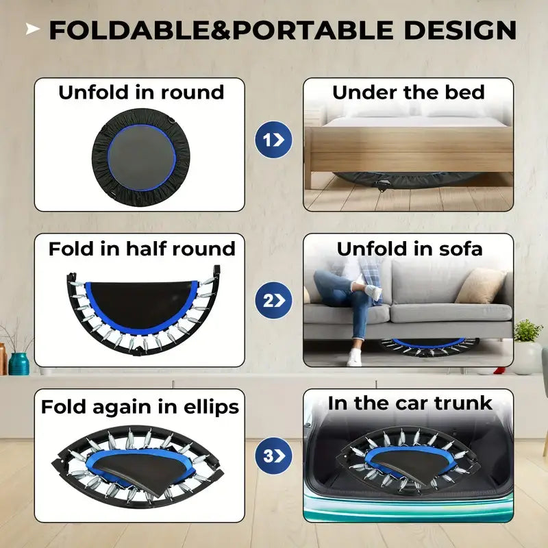 Foldable and portable design of mini fitness trampoline with adjustable handle, demonstrating storage options under bed and in car trunk.