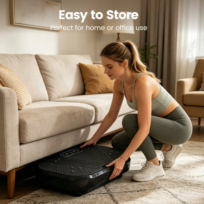Fitness Essentials Ranbro Vibration Plate exercise machine with resistance bands, remote, and adjustable speed for full-body workouts.